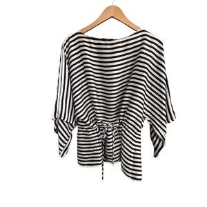 Chaps Blouse Womens Size M Blue & White Striped Dolman Tunic Tie Waist